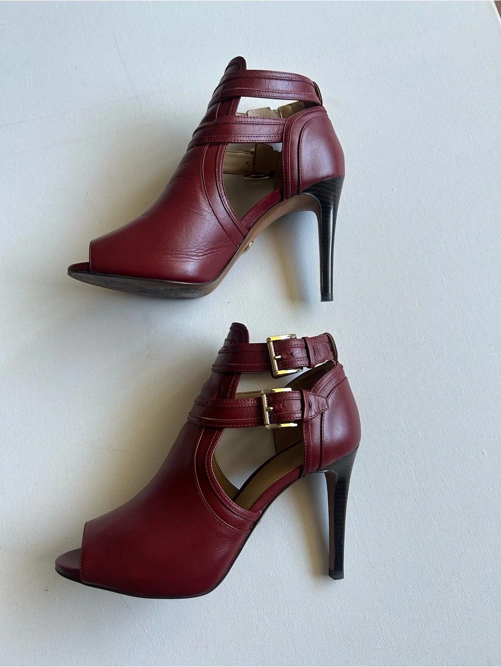 Michael Kors Blaze Leather Peep Toe Stiletto Heels Shoe Sz 8.5 Brandy Red